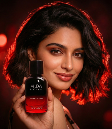 Woman holding a bottle of Aura Untamed Rose Perfume with a dark background